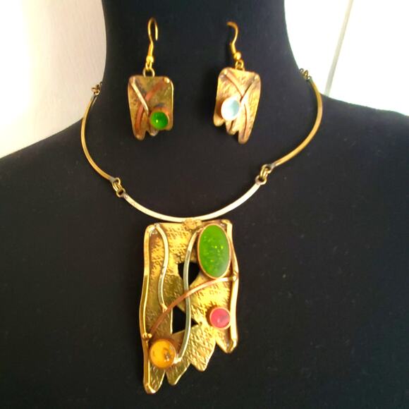 Modernist Artisan Confetti Pendant Necklace Earrings Set Mixed Metals Abstract - Picture 1 of 14